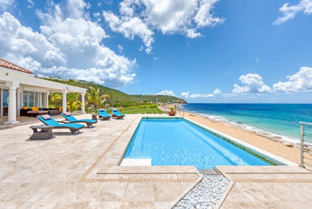 Beachront area at villa La Vie en Bleu, St Martin. Caribbean islands