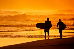 Silhouettes of Surfers on the Beach at Sunset
