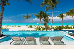 View of the pool and the beach in Turks and Caicos