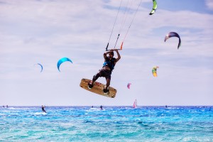 Kitesurfers on the beach. Kitesurfing in St Lucia