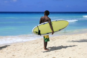 Surfer on a coastline expecting the big wave. suf spots Barbados