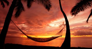 Beautiful Vacation Sunset, Hammock Silhouette with Palm Trees. Honeymoon in Punta Mita