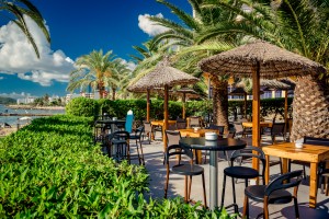 Empty open air restaurant at Ibiza. Best restaurants Ibiza