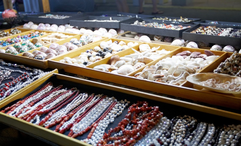 An outdoor stall of jewellery and shells. Turks and Caicos Souvenirs