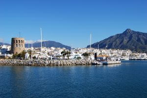 Harbour entrance with the watchtower to the left and La Concha mountain to the rear, Puerto Banus, Marbella, Costa del Sol, Malaga Province, Andalucia, Spain, Western Europe. Historic Marbella