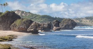 Volcanic boulders in the ocean at Bathsheba on the East Coast of the Island of Barbados in the Caribbean Sea. destinations barbados