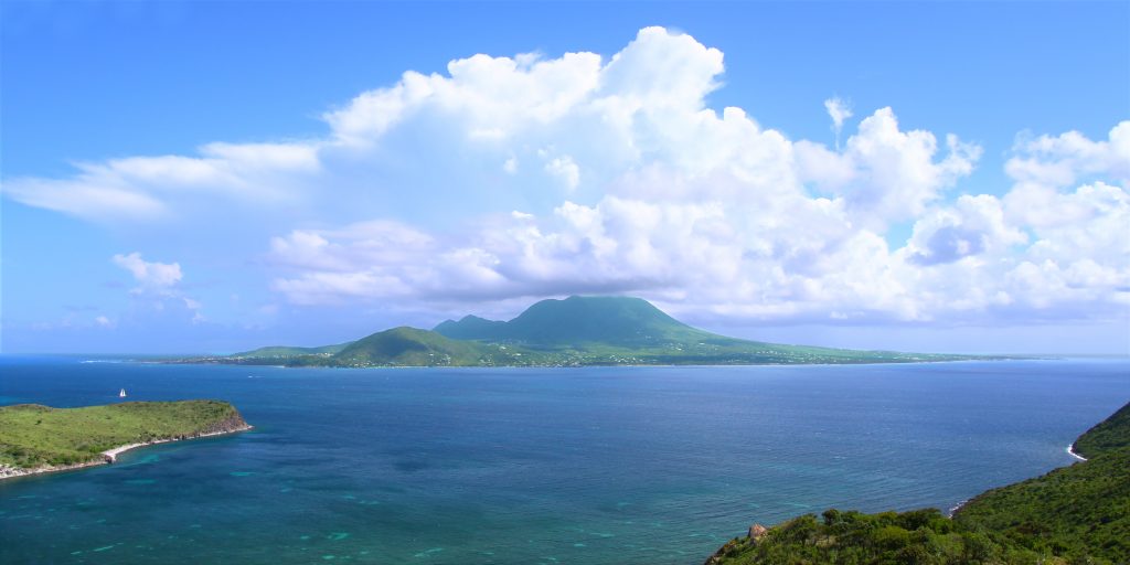 View of the Caribbean island Nevis from Saint Kitts. Hiking in Nevis