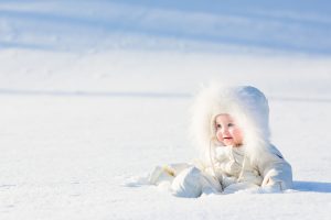 Beautiful baby in a white suit sitting in a snow field on a very sunny winter day. Traveling with a baby