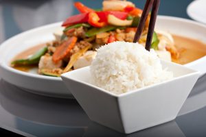 Fresh Thai food stir fry with tofu and white jasmine rice. Where to eat in Thailand
