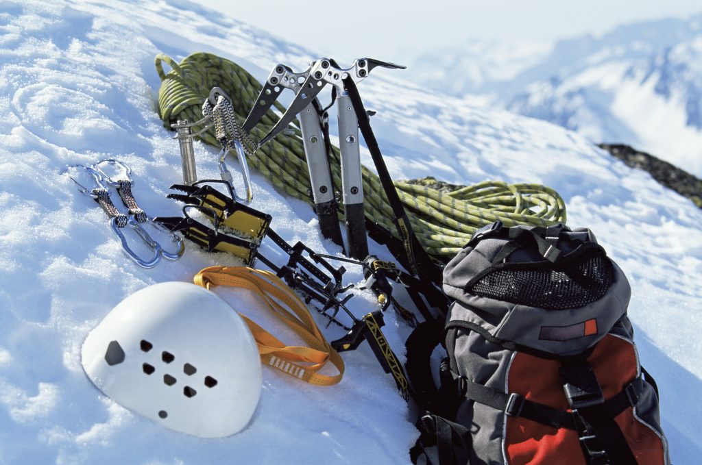 Mountain climbing equipment in snow. Experience Meribel