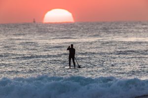 Surfer on sup board on ocean waters as the sun rise during dawn patrol surfing. Things to do in Turks and Caicos