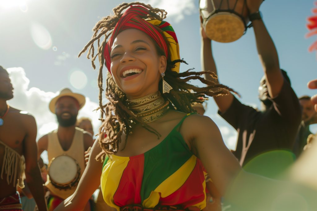 Festivalgoers dancing to live drums at Reggae Sumfest, capturing the joy and energy of iconic events in Jamaica.