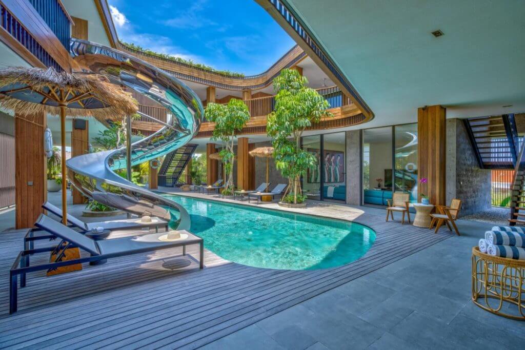 Akashi Residence with pool and slide, offering one of the best of Bali holiday destinations for luxury family getaways