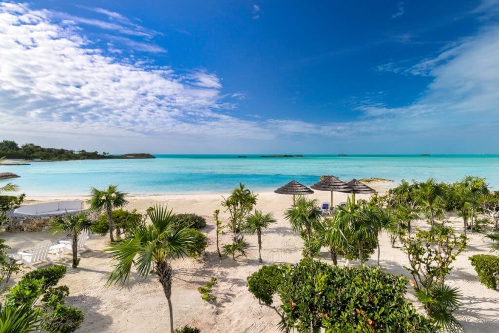 Beachfront view of Twin Palms with palm trees and turquoise water