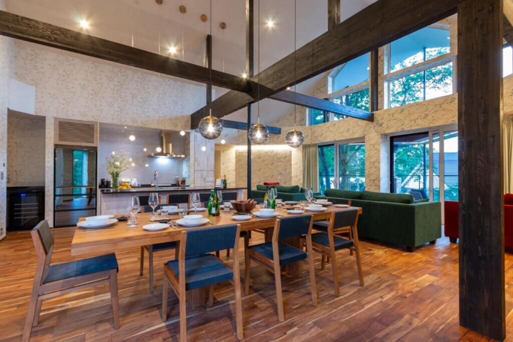 Interior view of Kitsune House’s modern living room in Niseko chalet