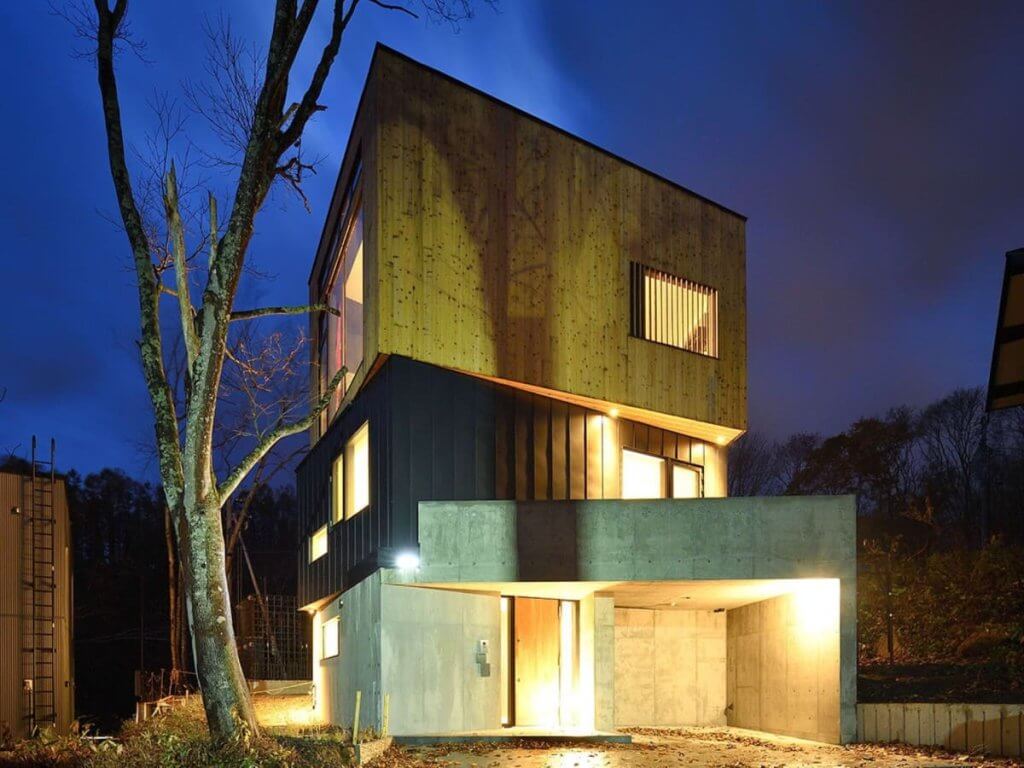 Striking modern exterior of Millesime chalet in Niseko, Japan.