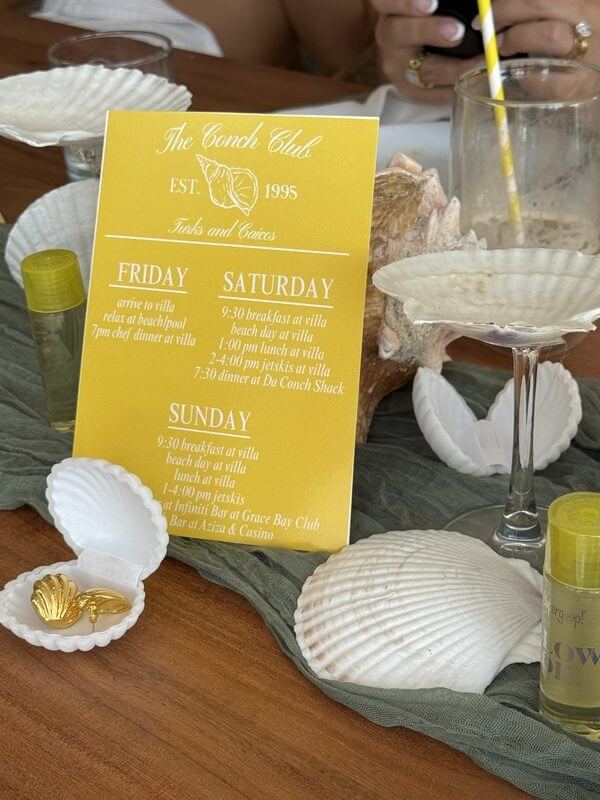 Turks and Caicos bachelorette itinerary card with seashells and decor