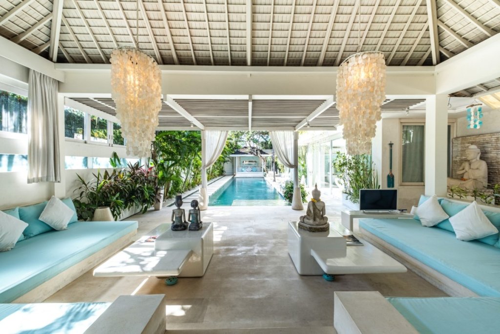 Elegant white lounge at Villa Puro Blanco Bali, one of the 7 reasons to visit Bali.