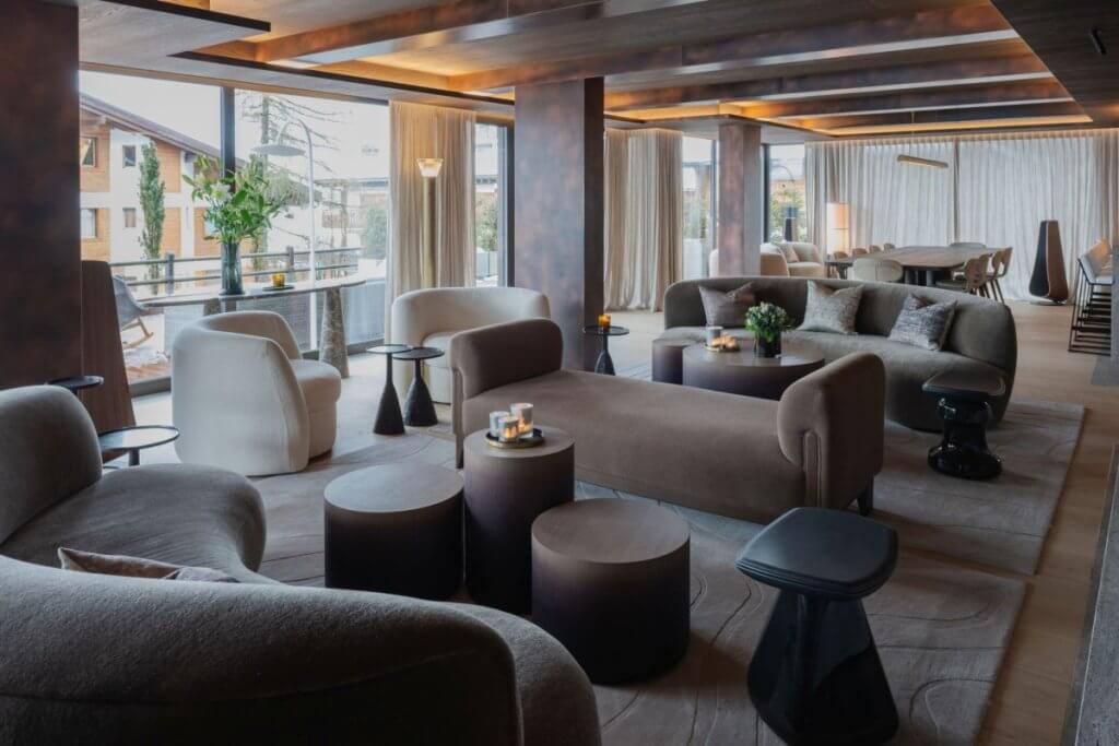 Elegant living room of No. 14 Verbier, a Luxury Ski Chalet in Verbier with modern design and alpine views.