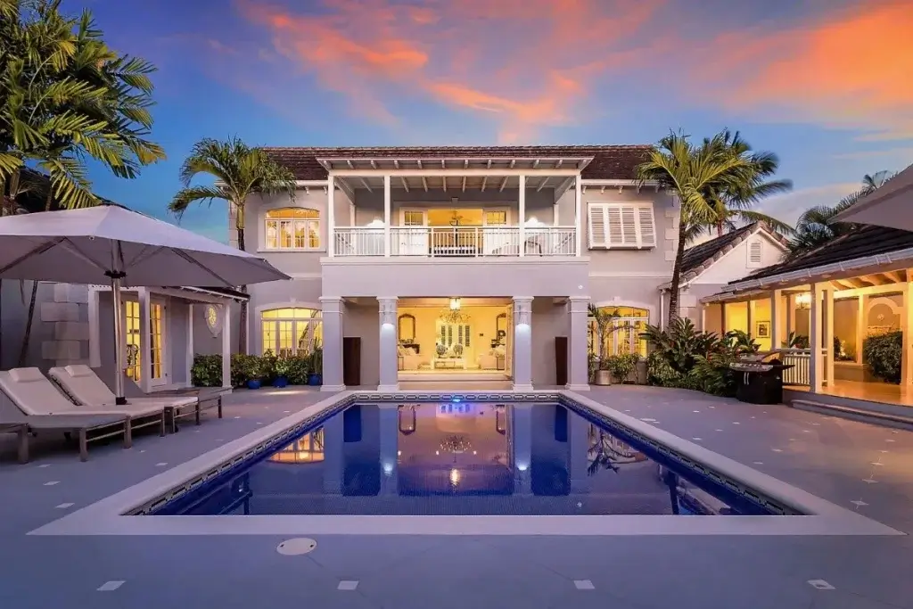 Evening view of Villa Tradewinds, Barbados with private pool and terraces reflecting what’s on in Barbados 2026