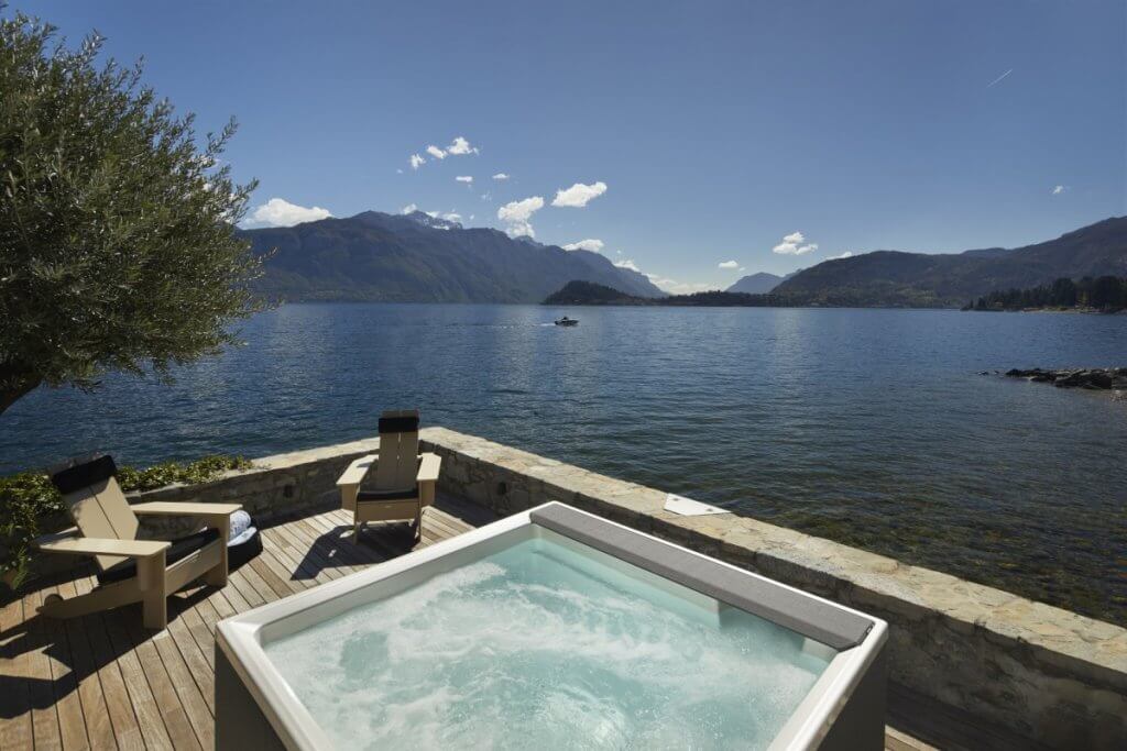 Breakwater Griante private lakeside hot tub terrace with open-water mountain views