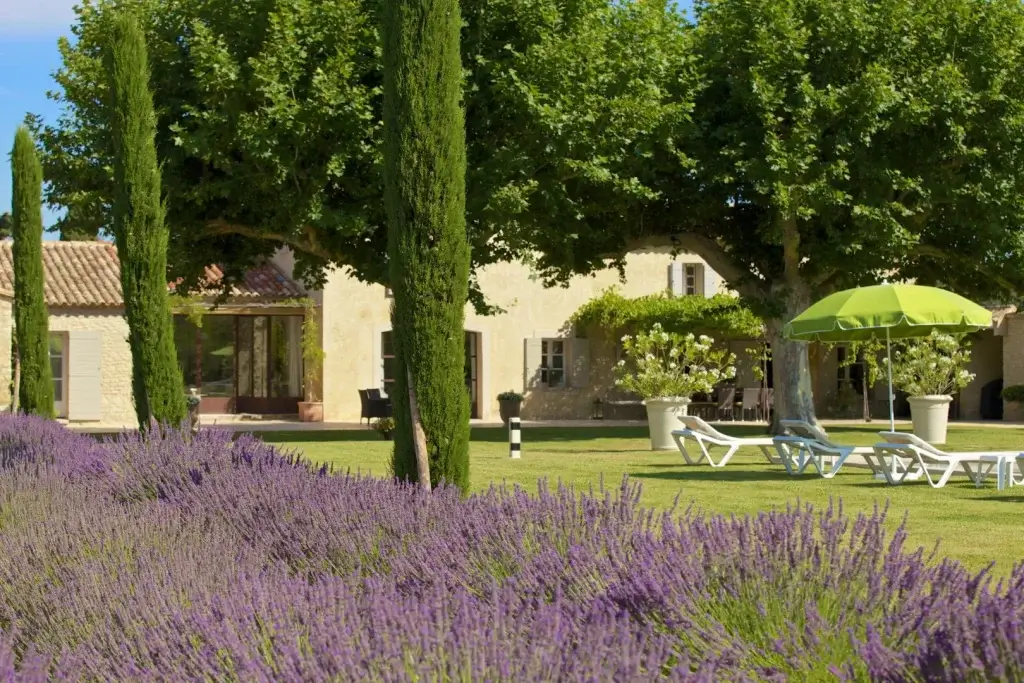 Lavender gardens and shaded lawn at Mon Reve Provencal, illustrating why it ranks among the best villas in Provence.