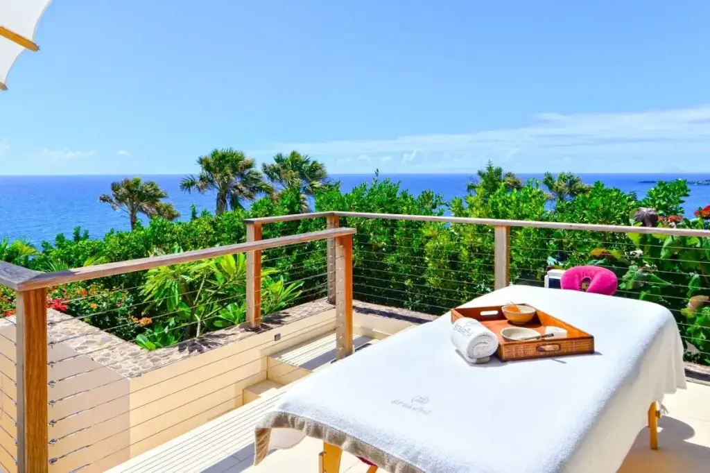 Outdoor spa terrace at Villa Enzuma St Barts overlooking the Caribbean during St Barts events in April