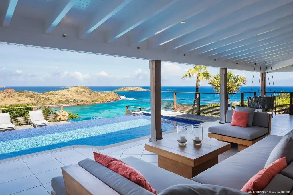 Villa Endeavour terrace with infinity pool and ocean views, a luxury retreat for St Barts events in April