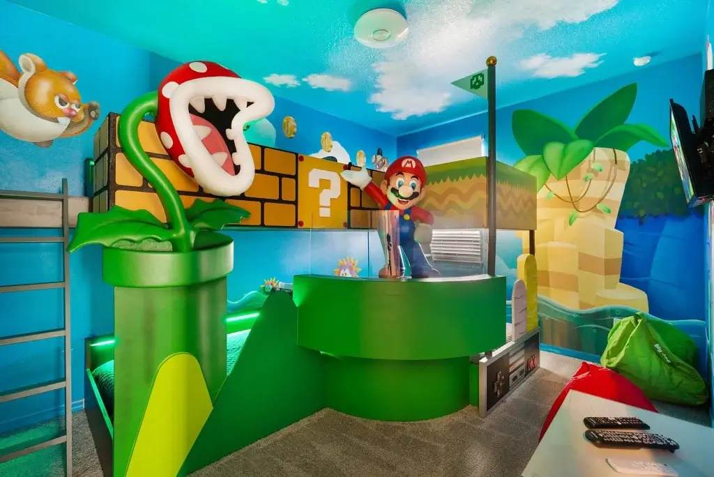 Mario-inspired themed bedroom with interactive gaming décor and colorful bunk beds for family fun