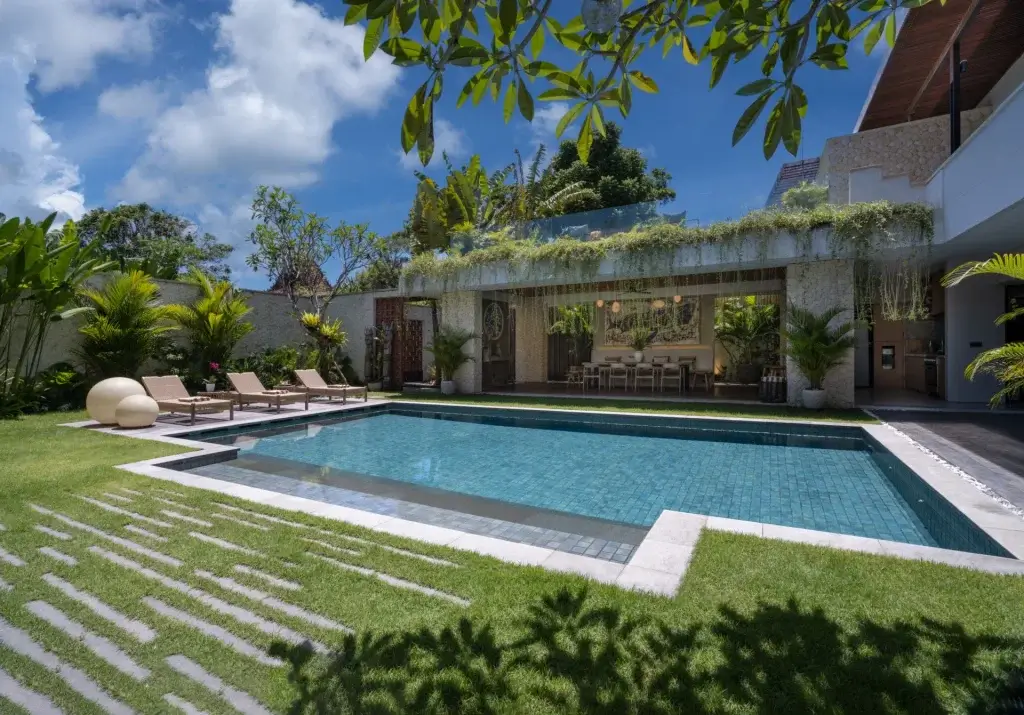 Private garden pool and loungers at Pantai Indah Bali among Bali villas this season