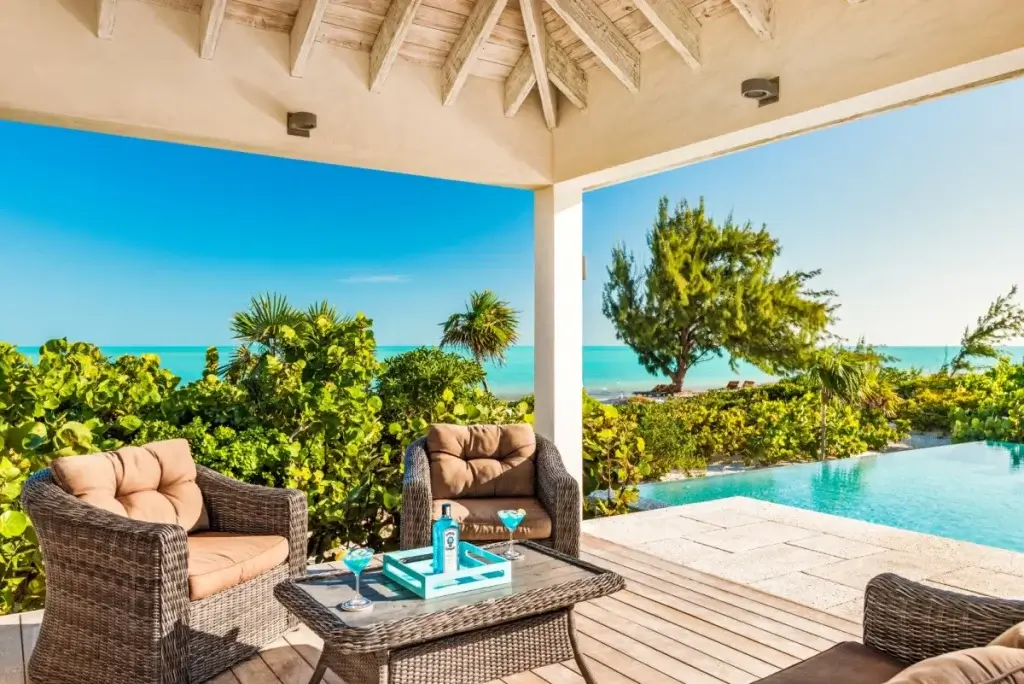 Oceanview terrace and infinity pool at Brise de Mer - TCI, a luxury villa in Turks and Caicos