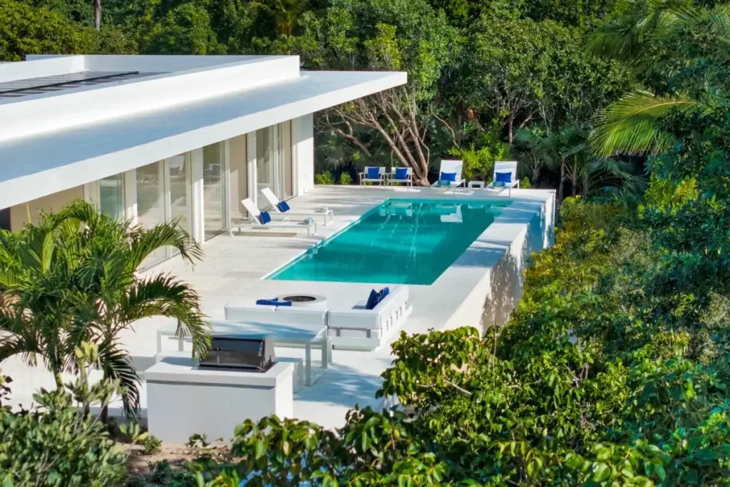 Terra Blue villa in Turks and Caicos with modern architecture, private pool, sun terrace, and tropical privacy