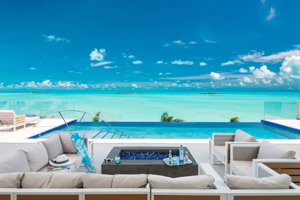 Infinity-edge pool and oceanview terrace at Blue Vista, a luxury villa in Turks and Caicos