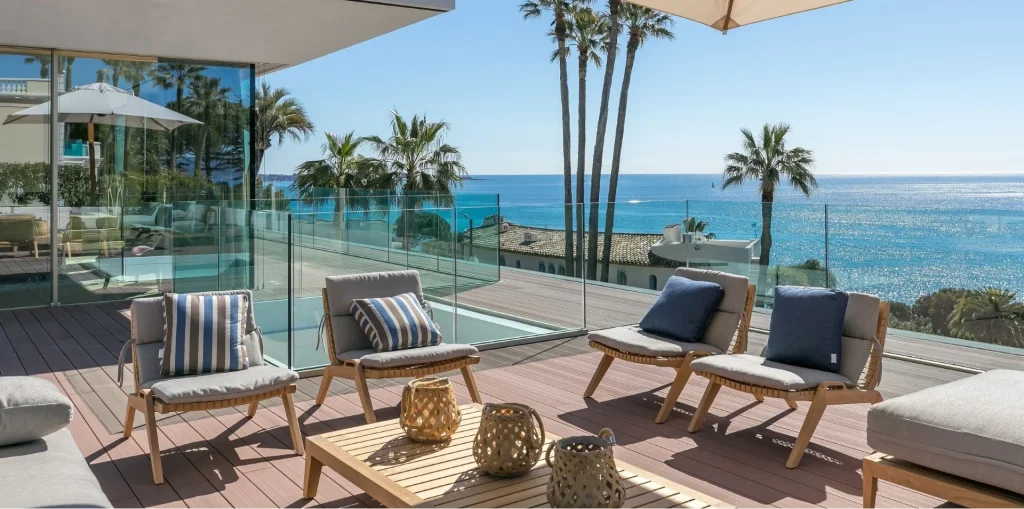 Sophia Cannes sea-view terrace, showing where to stay in French Riviera for elegant coastal villa living