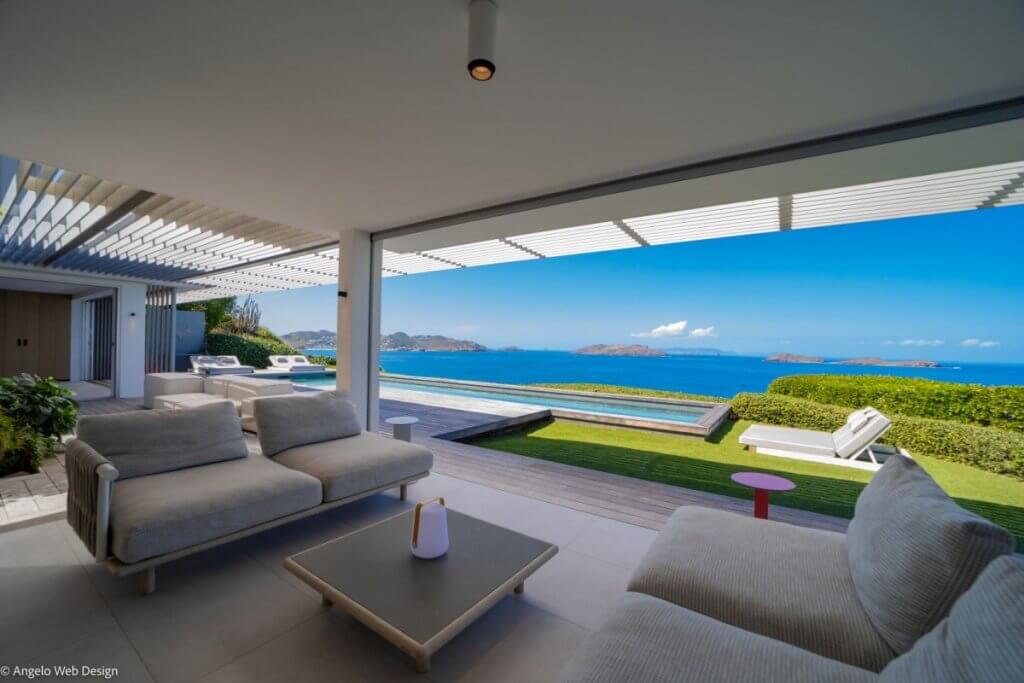 Villa Domingue’s shaded lounge, private pool and sea views in St Barts in November