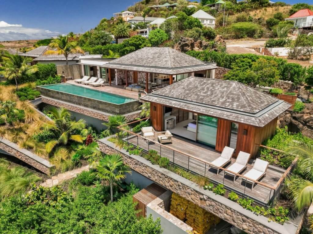 Aerial view of Tourmaline with pool, terraces and separate suite, a St Barts family villa.